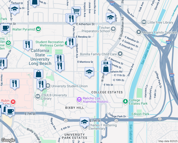 map of restaurants, bars, coffee shops, grocery stores, and more near in Long Beach