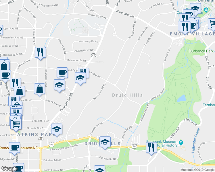 map of restaurants, bars, coffee shops, grocery stores, and more near 995 Springdale Road Northeast in Atlanta