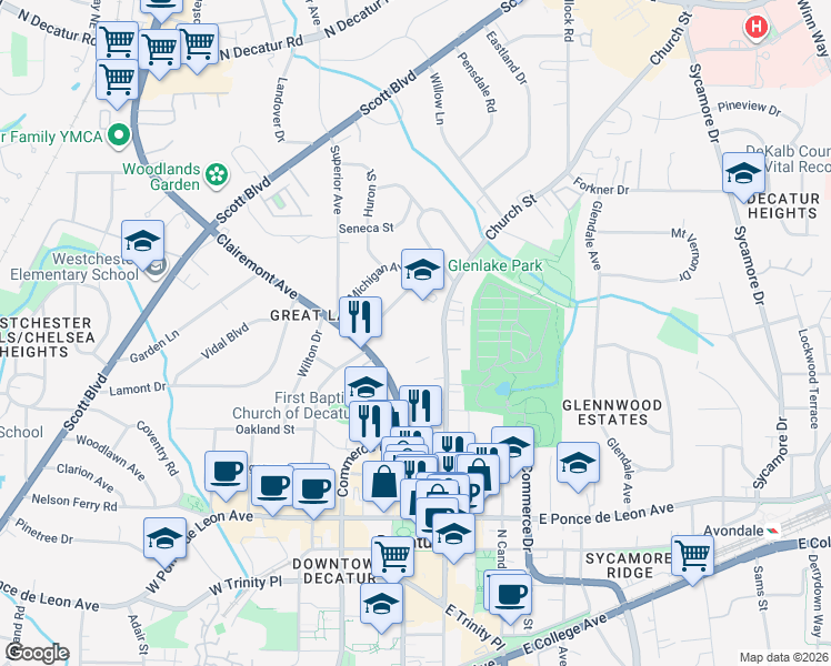 map of restaurants, bars, coffee shops, grocery stores, and more near 449 Clairemont Avenue in Decatur