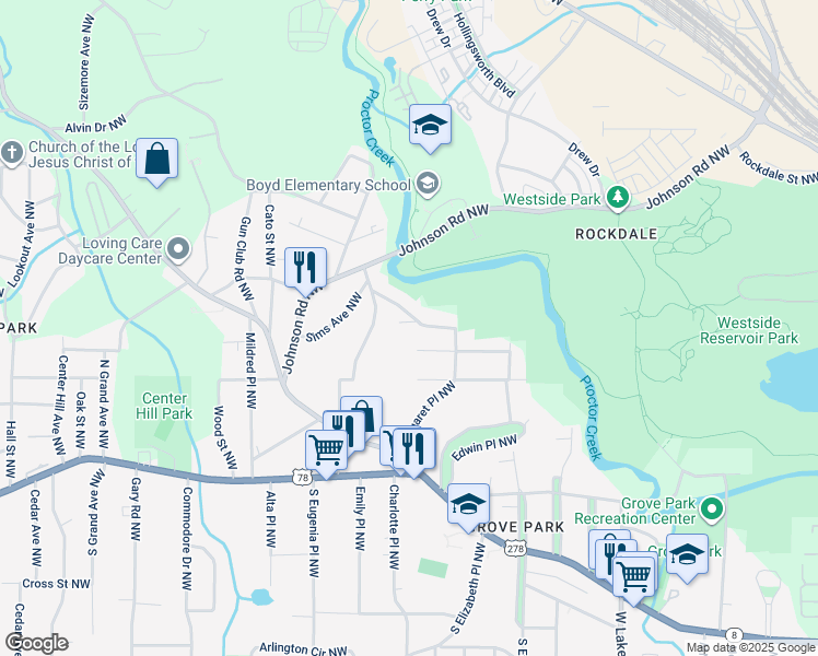 map of restaurants, bars, coffee shops, grocery stores, and more near 971 Colquitt Place Northwest in Atlanta