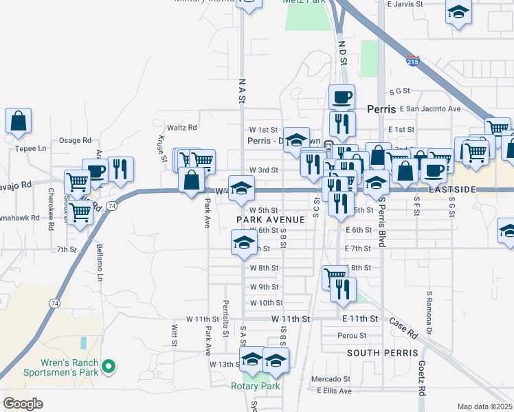 map of restaurants, bars, coffee shops, grocery stores, and more near 364 West 5th Street in Perris
