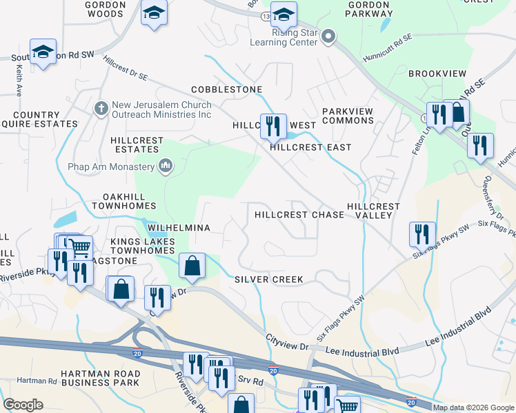 map of restaurants, bars, coffee shops, grocery stores, and more near 312 Alderman Trace Southwest in Austell