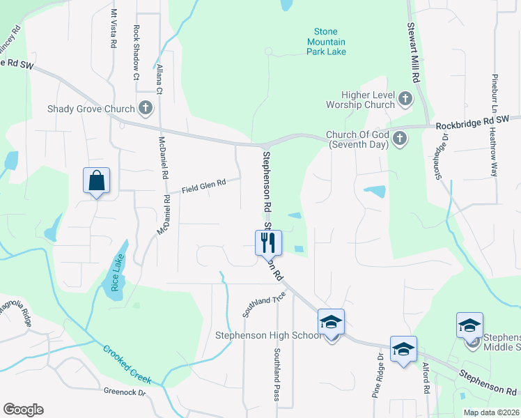 map of restaurants, bars, coffee shops, grocery stores, and more near 493 Stephenson Road in Stone Mountain