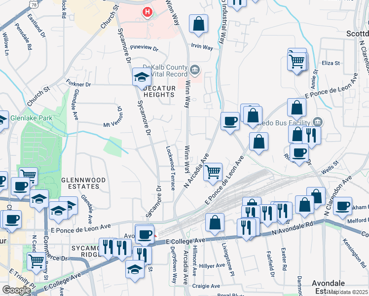 map of restaurants, bars, coffee shops, grocery stores, and more near 8 Fitzgerald Court in Decatur
