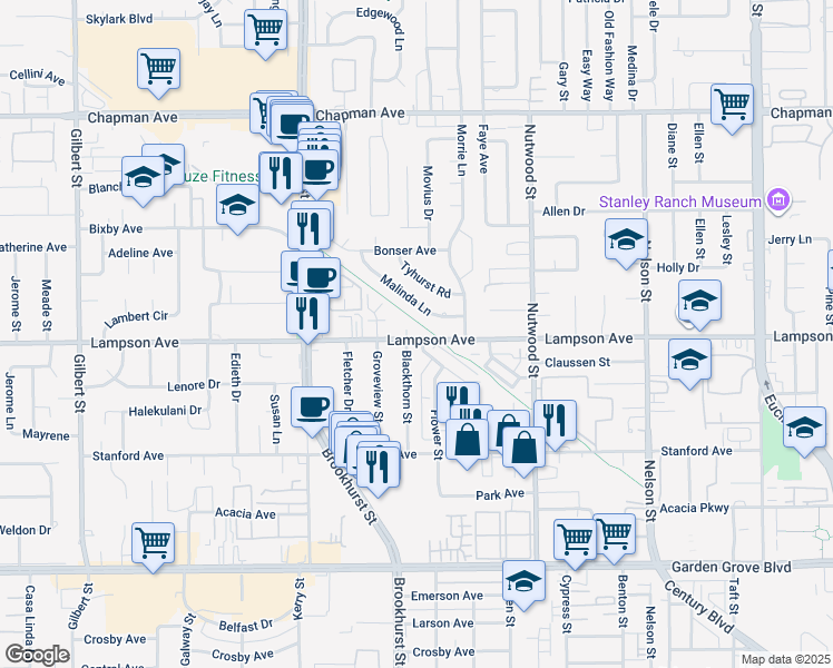 map of restaurants, bars, coffee shops, grocery stores, and more near 10241 Lampson Avenue in Garden Grove