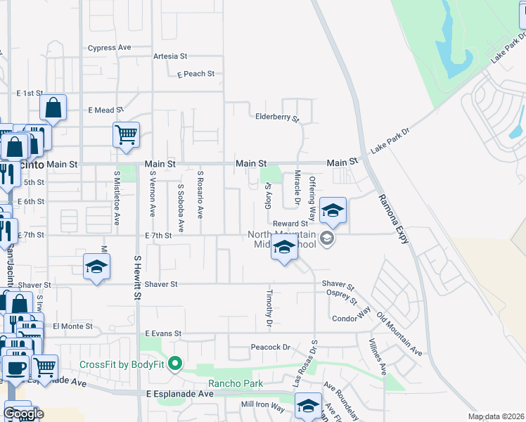 map of restaurants, bars, coffee shops, grocery stores, and more near 611 Glory Street in San Jacinto