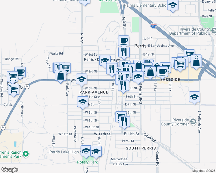 map of restaurants, bars, coffee shops, grocery stores, and more near 224 West 5th Street in Perris
