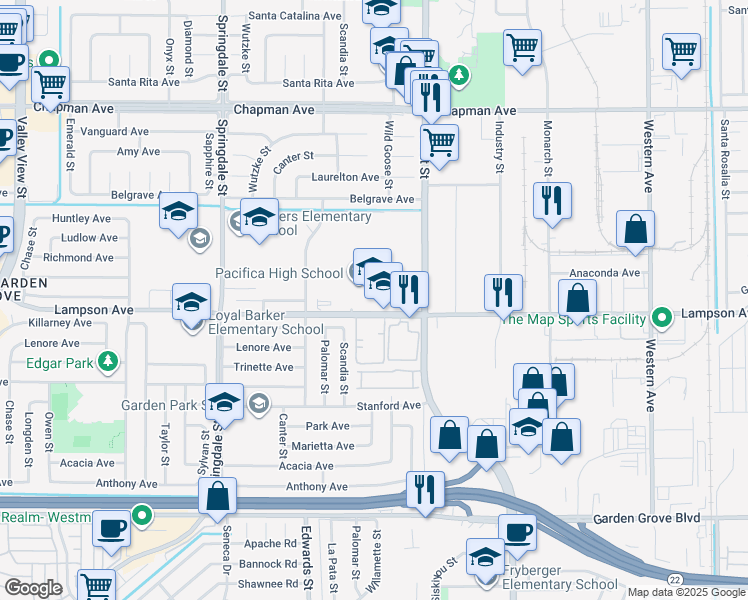 map of restaurants, bars, coffee shops, grocery stores, and more near 6851 Lampson Avenue in Garden Grove