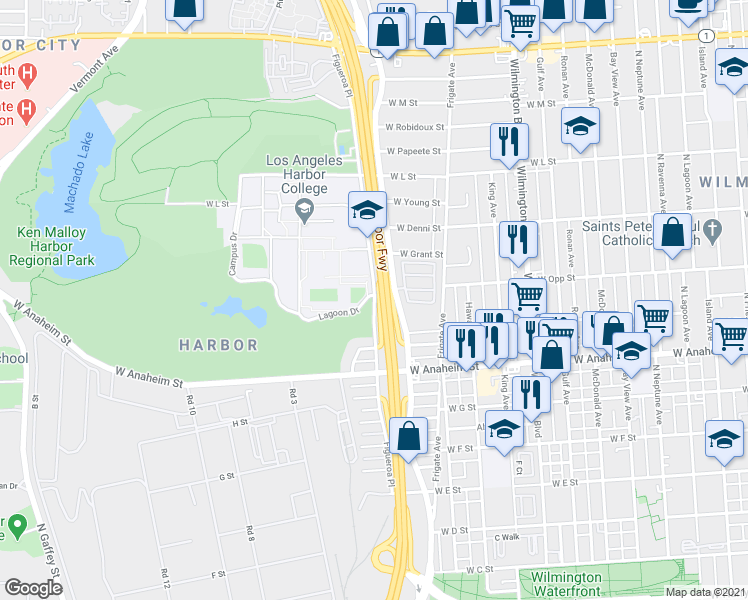 map of restaurants, bars, coffee shops, grocery stores, and more near 1111 Figueroa Place in Los Angeles