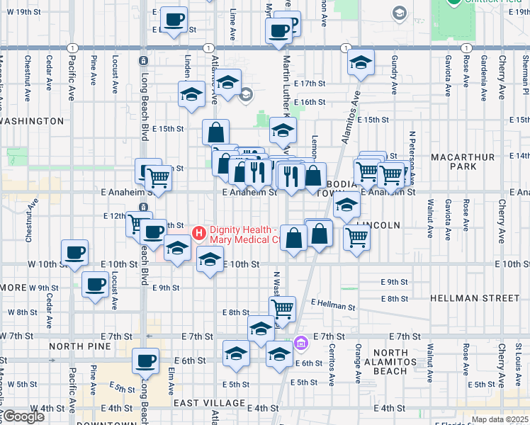 map of restaurants, bars, coffee shops, grocery stores, and more near 1145 Myrtle Avenue in Long Beach