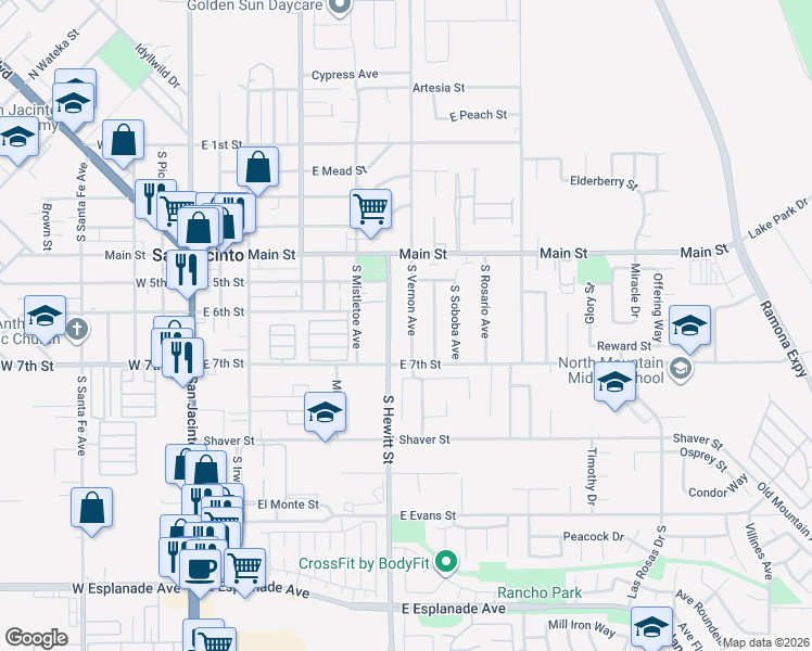 map of restaurants, bars, coffee shops, grocery stores, and more near 632 South Vernon Avenue in San Jacinto