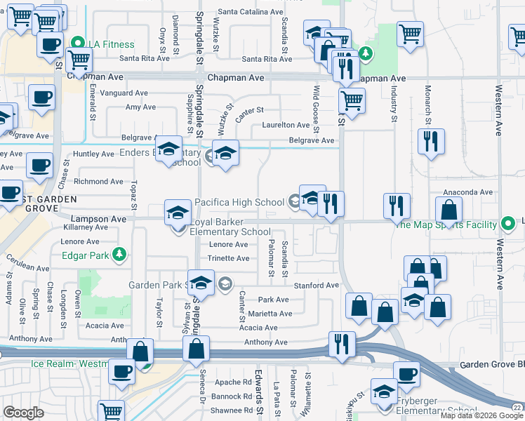 map of restaurants, bars, coffee shops, grocery stores, and more near 12452 Lamplighter St in Garden Grove
