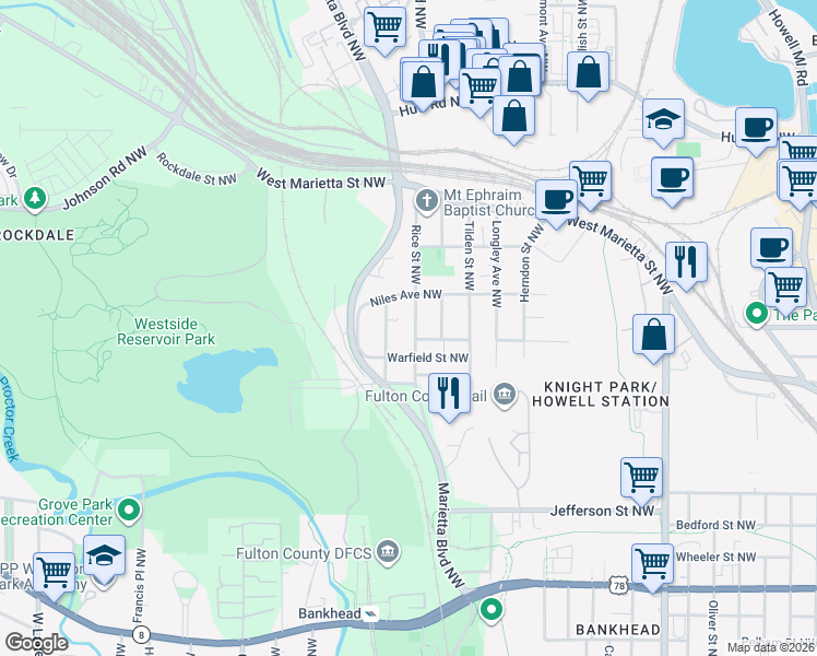 map of restaurants, bars, coffee shops, grocery stores, and more near 974 Rice Street Northwest in Atlanta