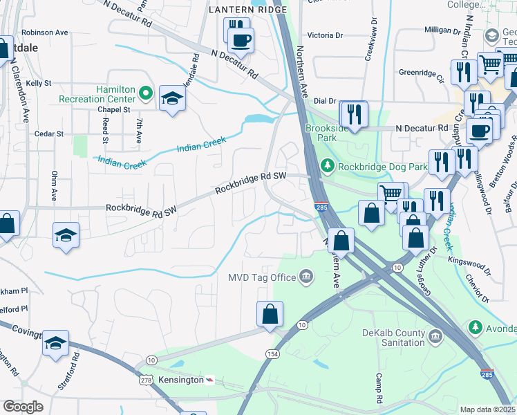 map of restaurants, bars, coffee shops, grocery stores, and more near 3520 Kensington Parc Circle in Avondale Estates