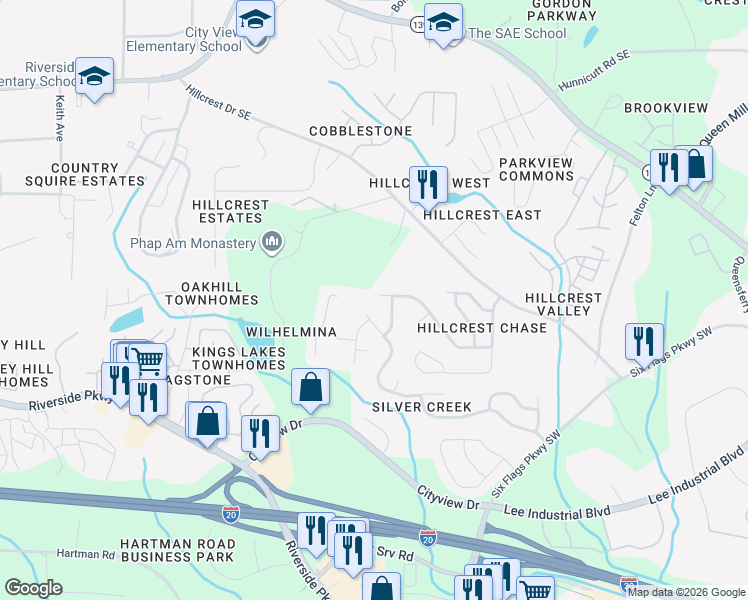 map of restaurants, bars, coffee shops, grocery stores, and more near 304 Alderman Trace Southwest in Austell