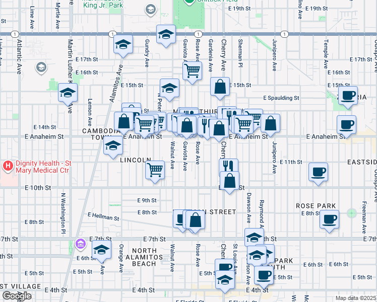 map of restaurants, bars, coffee shops, grocery stores, and more near 1200 Gaviota Avenue in Long Beach