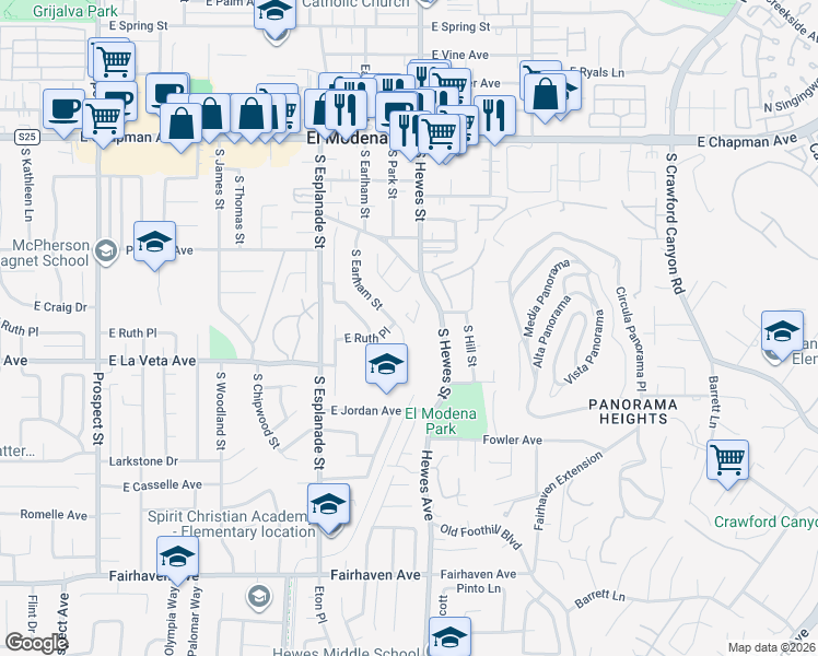 map of restaurants, bars, coffee shops, grocery stores, and more near 443 South Earlham Street in Orange