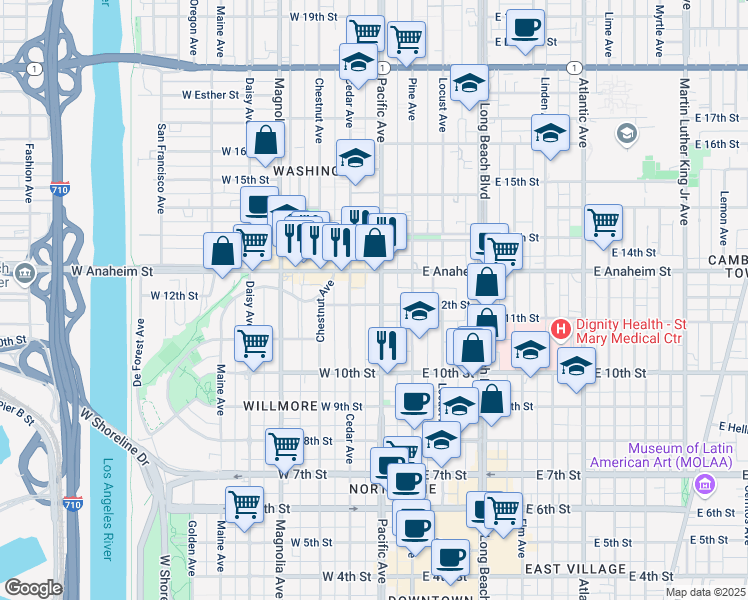 map of restaurants, bars, coffee shops, grocery stores, and more near 1203 Pacific Avenue in Long Beach