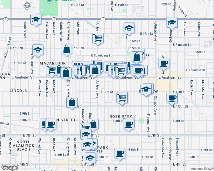 map of restaurants, bars, coffee shops, grocery stores, and more near 1129 Stanley Avenue in Long Beach
