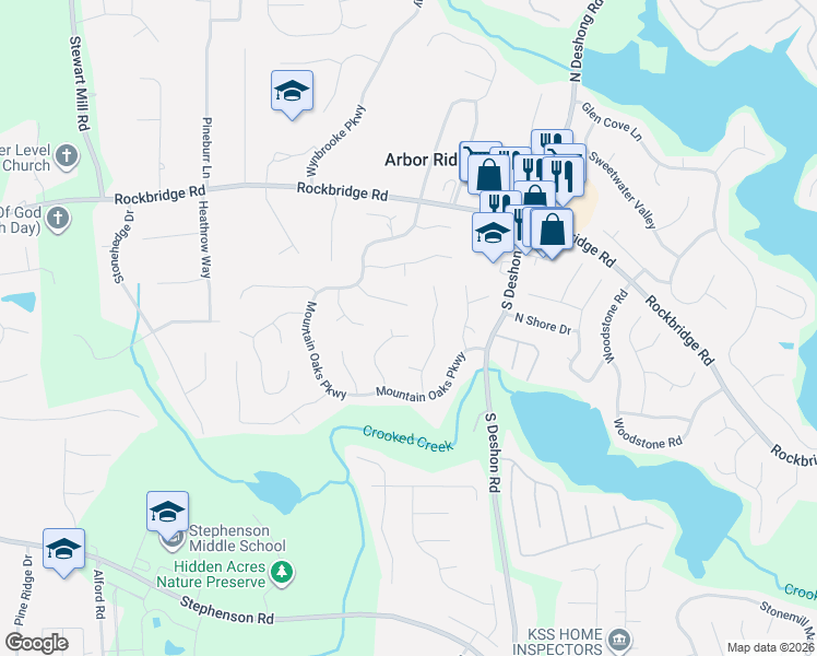 map of restaurants, bars, coffee shops, grocery stores, and more near 533 Riverbirch Trce in Stone Mountain