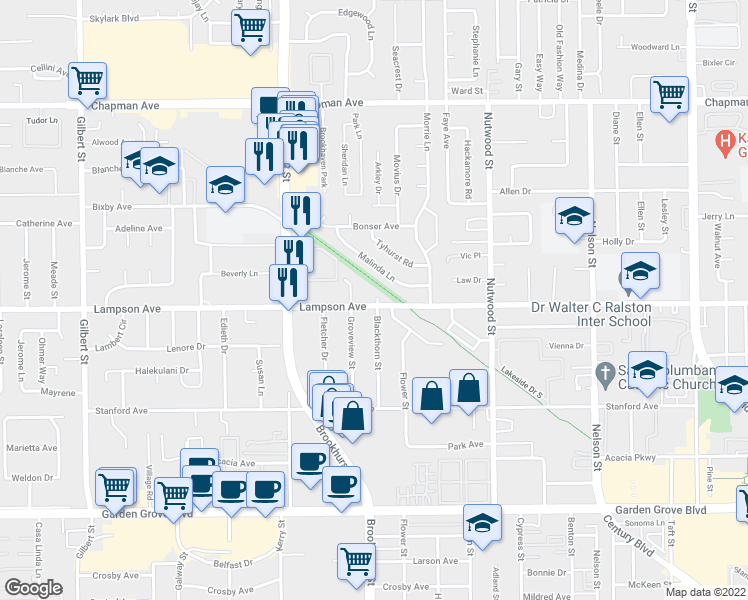 map of restaurants, bars, coffee shops, grocery stores, and more near 10221 Lampson Avenue in Garden Grove
