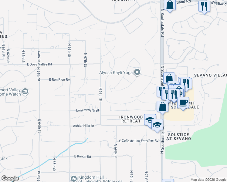 map of restaurants, bars, coffee shops, grocery stores, and more near 32619 North 70th Street in Scottsdale