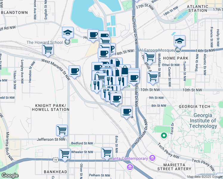 map of restaurants, bars, coffee shops, grocery stores, and more near Howell Mill Road Northwest & 10th Street Northwest in Atlanta
