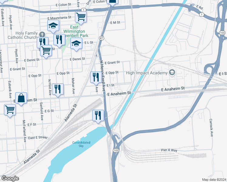 map of restaurants, bars, coffee shops, grocery stores, and more near 1707 East Anaheim Street in Los Angeles