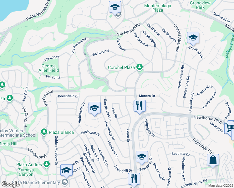 map of restaurants, bars, coffee shops, grocery stores, and more near 6603 Monero Drive in Rancho Palos Verdes