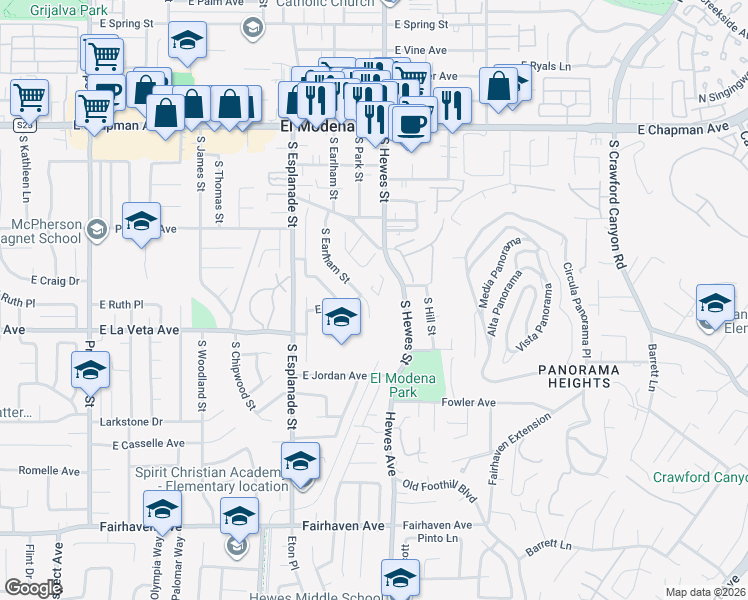 map of restaurants, bars, coffee shops, grocery stores, and more near 443 South Earlham Street in Orange