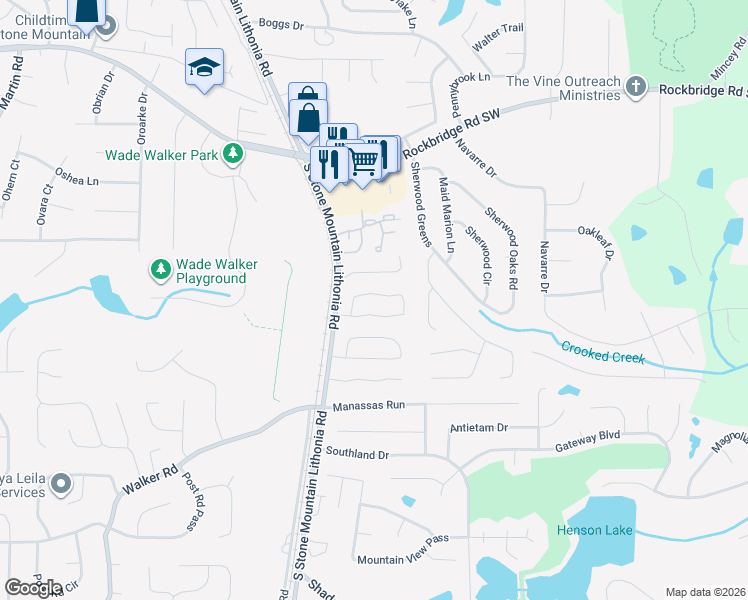 map of restaurants, bars, coffee shops, grocery stores, and more near 5724 Wells Circle in Stone Mountain