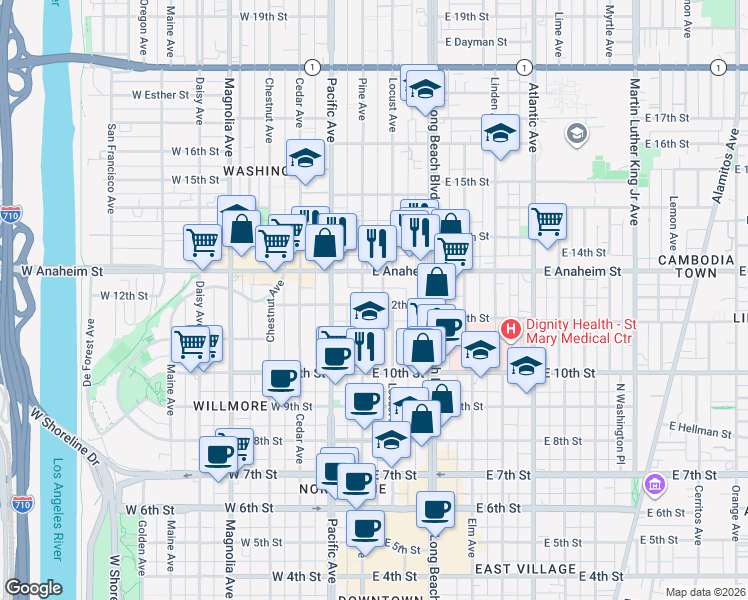 map of restaurants, bars, coffee shops, grocery stores, and more near 1205 Pine Avenue in Long Beach