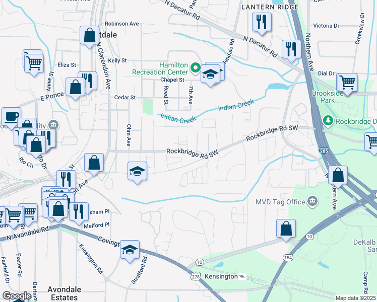map of restaurants, bars, coffee shops, grocery stores, and more near 3252 Rockbridge Road Southwest in Avondale Estates