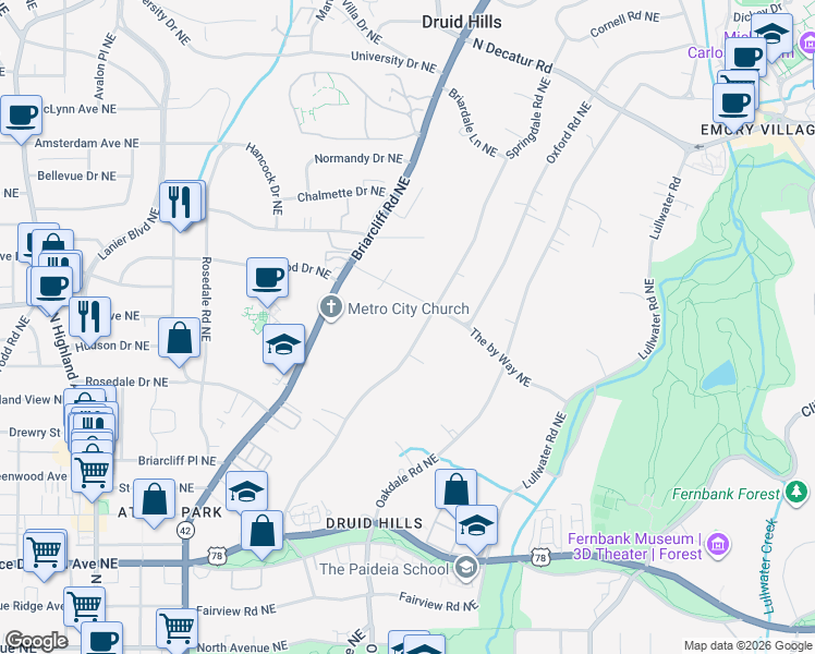 map of restaurants, bars, coffee shops, grocery stores, and more near 970 Springdale Road Northeast in Atlanta