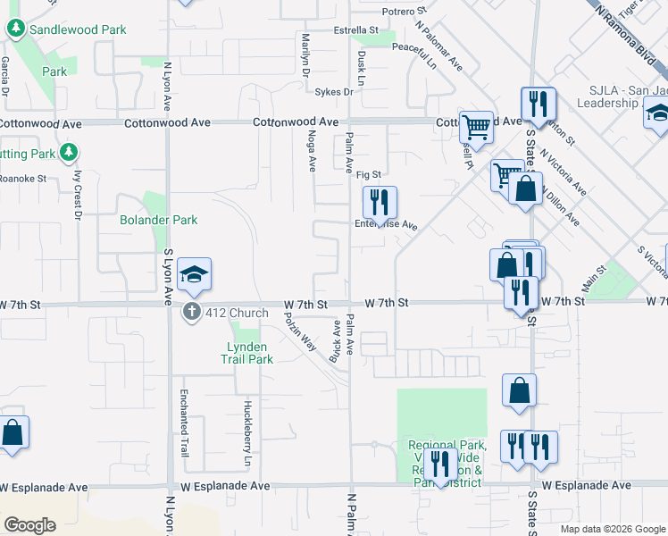 map of restaurants, bars, coffee shops, grocery stores, and more near 1107 Arrowhead Avenue in San Jacinto