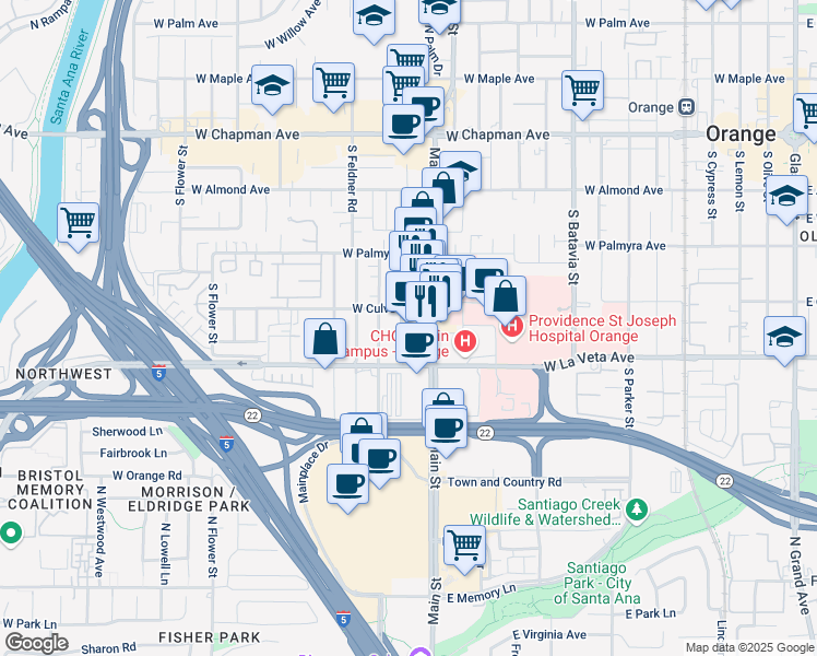 map of restaurants, bars, coffee shops, grocery stores, and more near 424 South Main Street in Orange