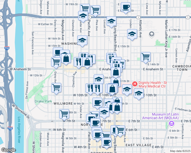 map of restaurants, bars, coffee shops, grocery stores, and more near 1205 Pine Avenue in Long Beach