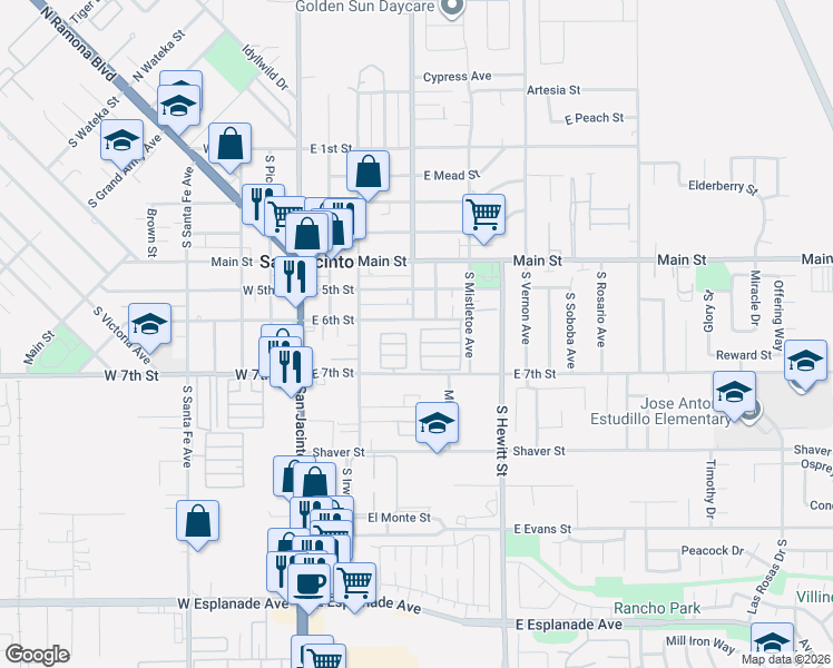 map of restaurants, bars, coffee shops, grocery stores, and more near 350 East 6th Street in San Jacinto
