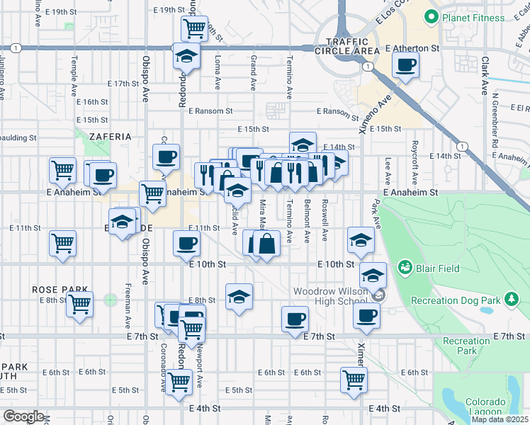 map of restaurants, bars, coffee shops, grocery stores, and more near 1146 Mira Mar Avenue in Long Beach
