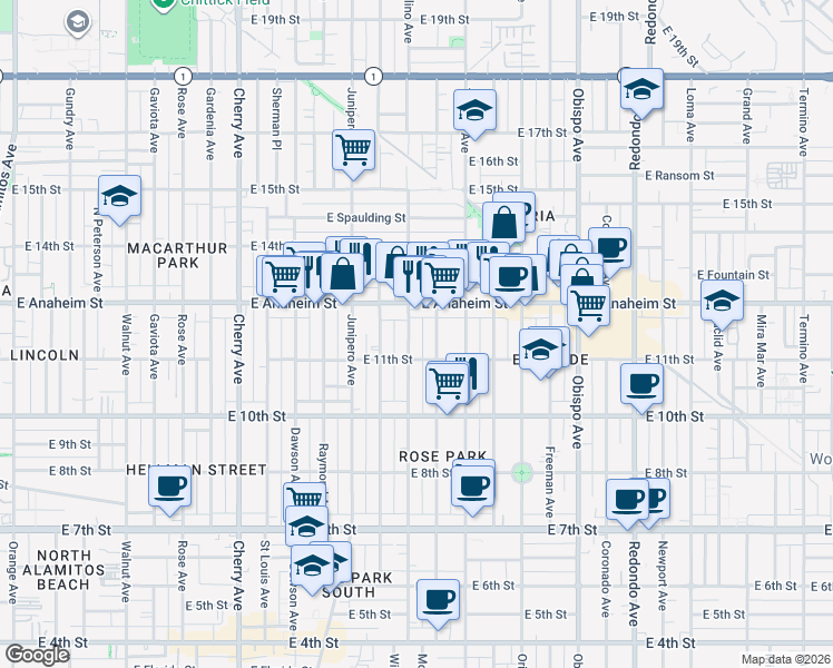 map of restaurants, bars, coffee shops, grocery stores, and more near 1140 Molino Avenue in Long Beach