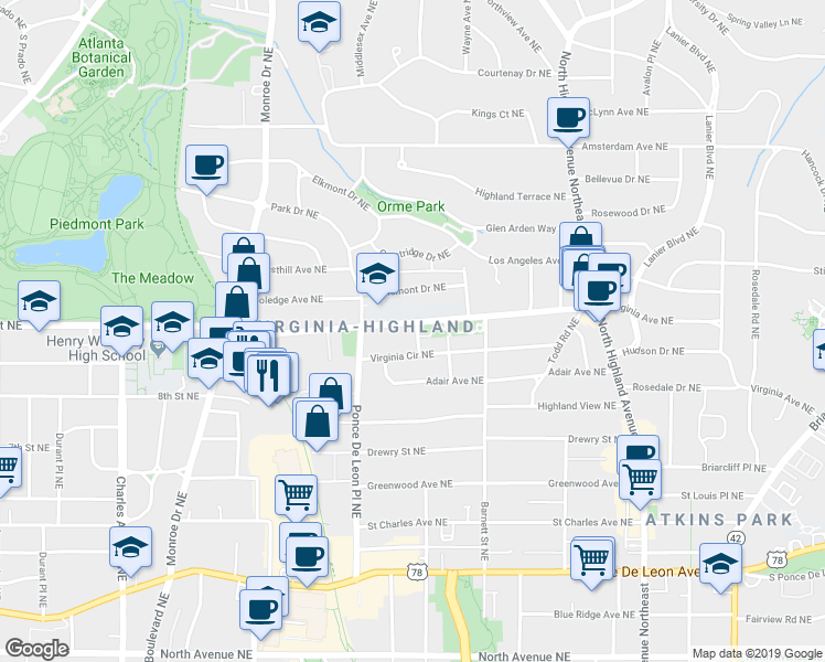 map of restaurants, bars, coffee shops, grocery stores, and more near 791 Virginia Avenue Northeast in Atlanta