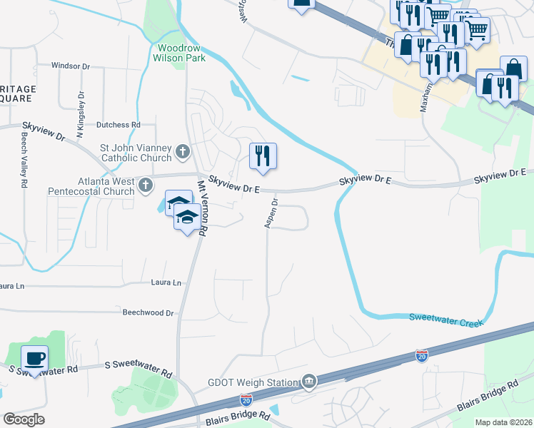 map of restaurants, bars, coffee shops, grocery stores, and more near 823 Aspen Drive in Lithia Springs