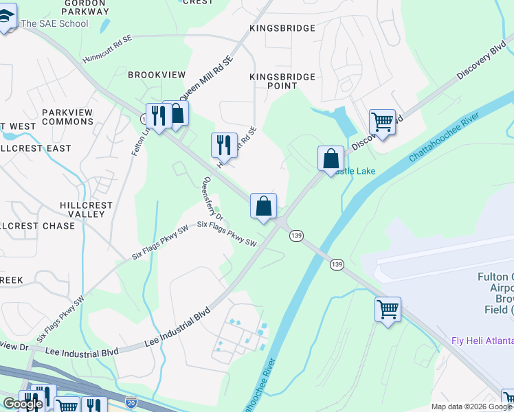 map of restaurants, bars, coffee shops, grocery stores, and more near 7062 Mableton Parkway Southeast in Mableton