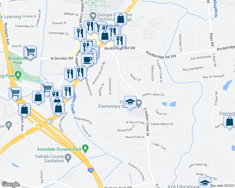 map of restaurants, bars, coffee shops, grocery stores, and more near 563 Freemans Walk in Stone Mountain