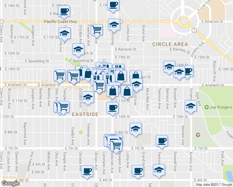 map of restaurants, bars, coffee shops, grocery stores, and more near 1141 Newport Avenue in Long Beach