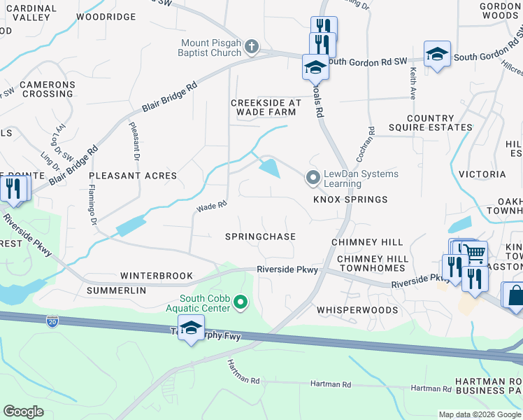 map of restaurants, bars, coffee shops, grocery stores, and more near 6964 Chasewater Lane in Austell