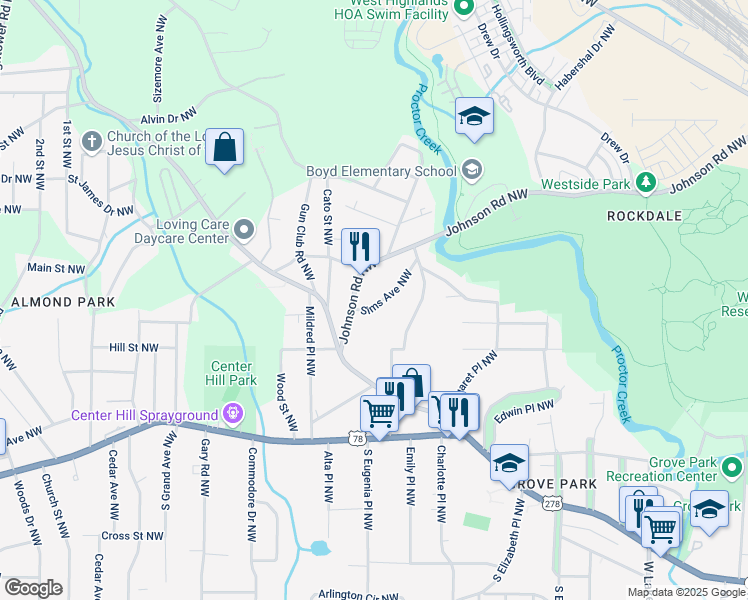 map of restaurants, bars, coffee shops, grocery stores, and more near 972 Sims Avenue Northwest in Atlanta