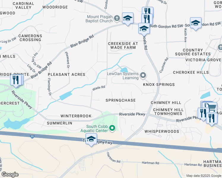 map of restaurants, bars, coffee shops, grocery stores, and more near 7049 Springgrove Court in Austell
