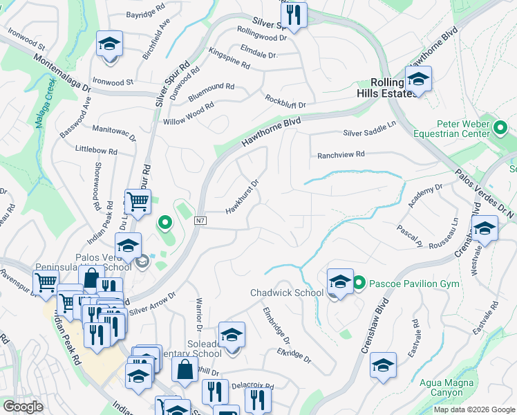 map of restaurants, bars, coffee shops, grocery stores, and more near 26658 Honey Creek Road in Rancho Palos Verdes