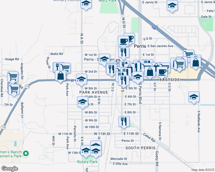 map of restaurants, bars, coffee shops, grocery stores, and more near 224 West 5th Street in Perris